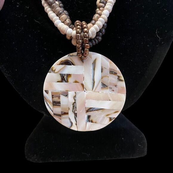 Beaded Multi-strand Shell Medallion Necklace - Picture 2 of 4